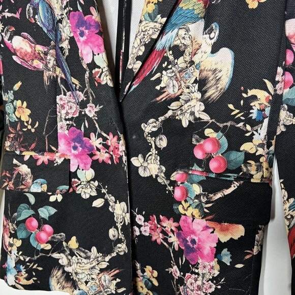Love Women's Blazer S/M Black One Button Ponte Stretch Pockets Floral Parrots - Picture 3 of 9